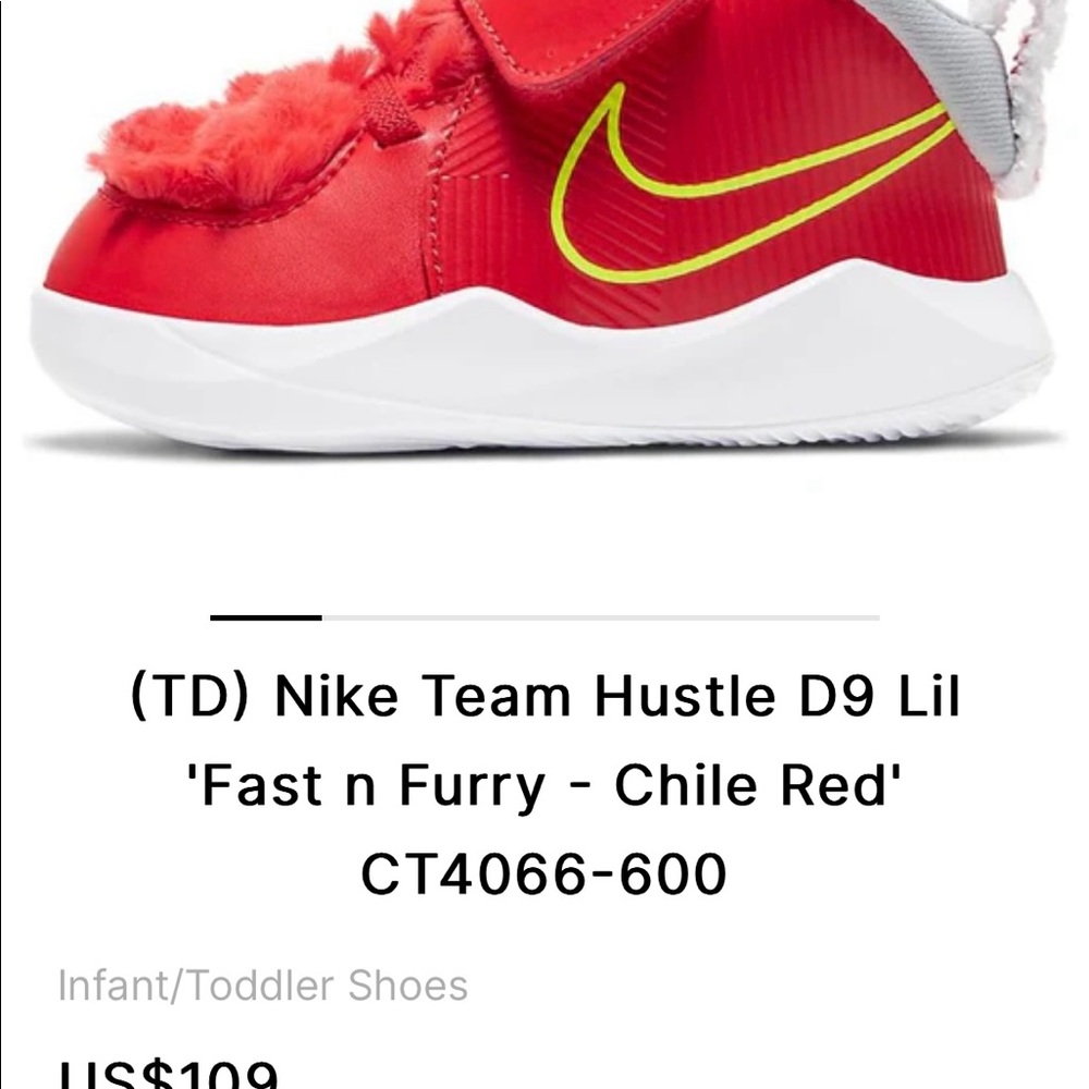 Cute baby Nike Team Hustle D9 lil ‘Fast n Furry’ chili red. Toddler size 6c
